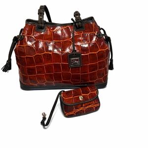 Dooney & Bourke Croc Embossed Leather Tote Bag + Wristlet Brown